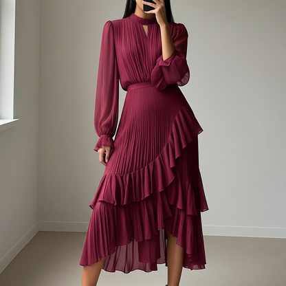 Robe midi plissée pour femme avec volants et encolure en trou de serrure