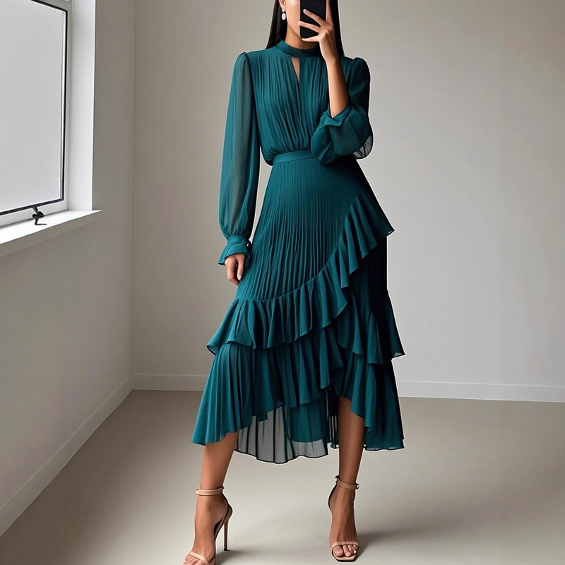Robe midi plissée pour femme avec volants et encolure en trou de serrure