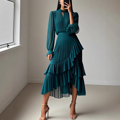 Robe midi plissée pour femme avec volants et encolure en trou de serrure