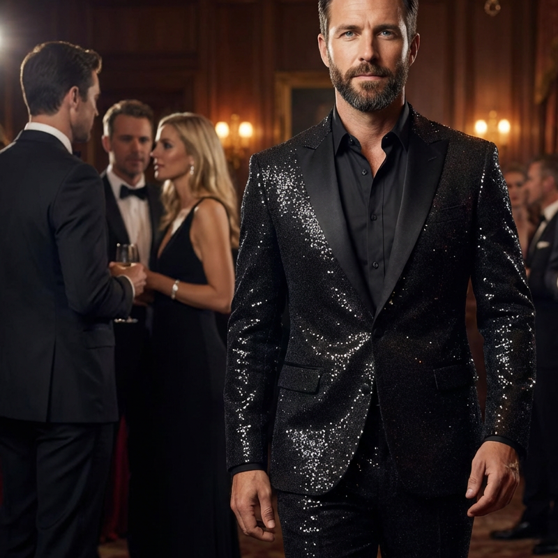 💎 JUSQU'À 60% DE RÉDUCTION! 💎 Ensemble Smoking Noir Pailleté pour Homme – Tissu Sparkling Galaxy, Coupe Slim & Revers Châle Élégant 🌌🧥