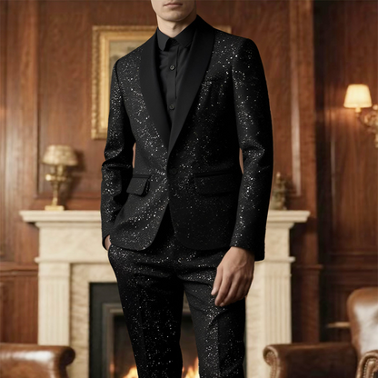 💎 JUSQU'À 60% DE RÉDUCTION! 💎 Ensemble Smoking Noir Pailleté pour Homme – Tissu Sparkling Galaxy, Coupe Slim & Revers Châle Élégant 🌌🧥