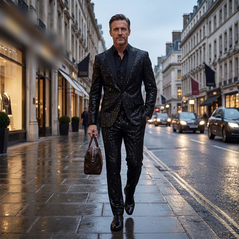 💎 JUSQU'À 60% DE RÉDUCTION! 💎 Ensemble Smoking Noir Pailleté pour Homme – Tissu Sparkling Galaxy, Coupe Slim & Revers Châle Élégant 🌌🧥