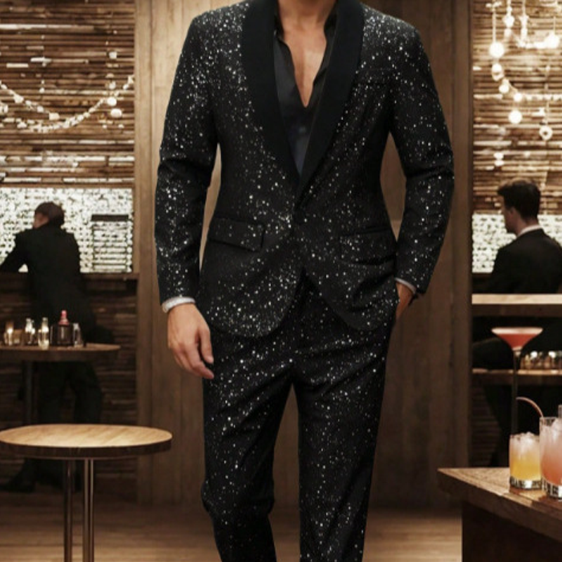 💎 JUSQU'À 60% DE RÉDUCTION! 💎 Ensemble Smoking Noir Pailleté pour Homme – Tissu Sparkling Galaxy, Coupe Slim & Revers Châle Élégant 🌌🧥