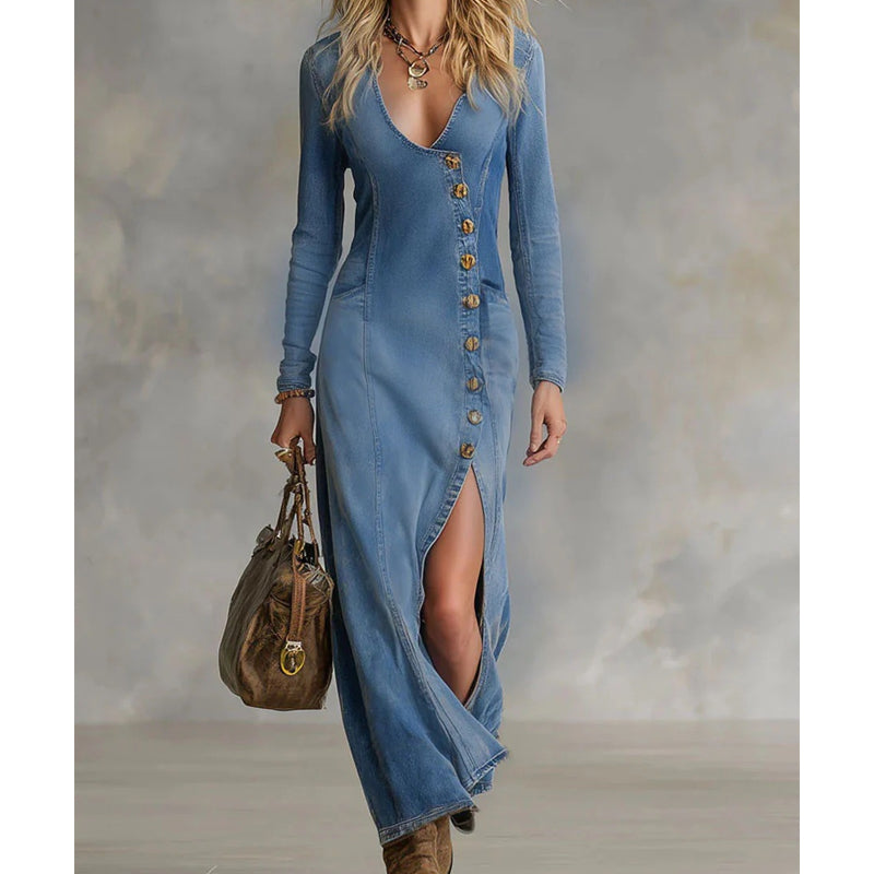 Robe longue à manches longues et col en V pour femme