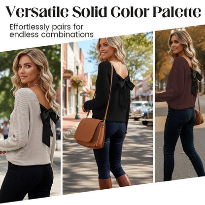 🧶 60% de Réduction! 🎀 Pull à Col en V pour Femme – Nœud Papillon Élégant, Confortable & Chic Derrière ✨