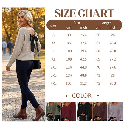 🧶 60% de Réduction! 🎀 Pull à Col en V pour Femme – Nœud Papillon Élégant, Confortable & Chic Derrière ✨