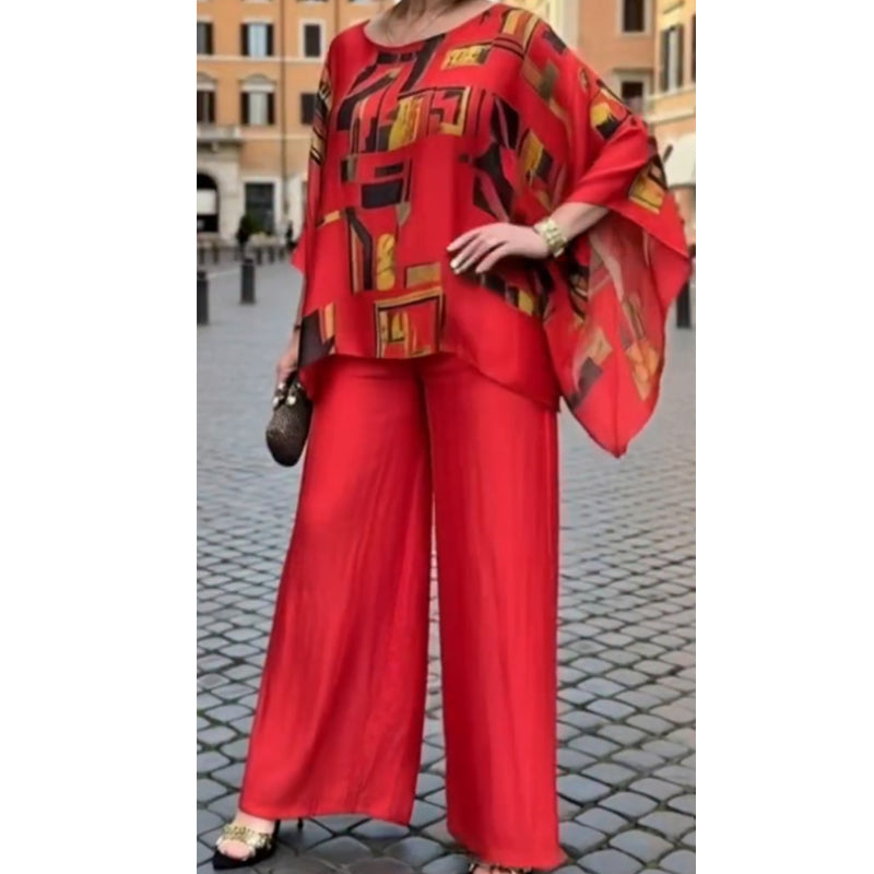 Ensemble deux pièces pour femme composé d'un haut imprimé et d'un pantalon