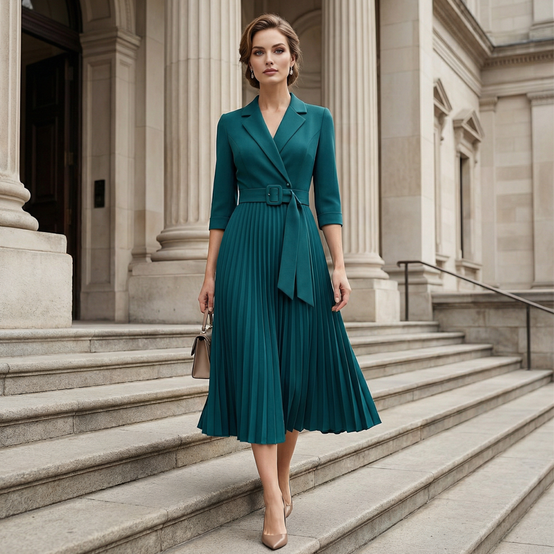 Robe élégante avec encolure en V, plis et ceinture