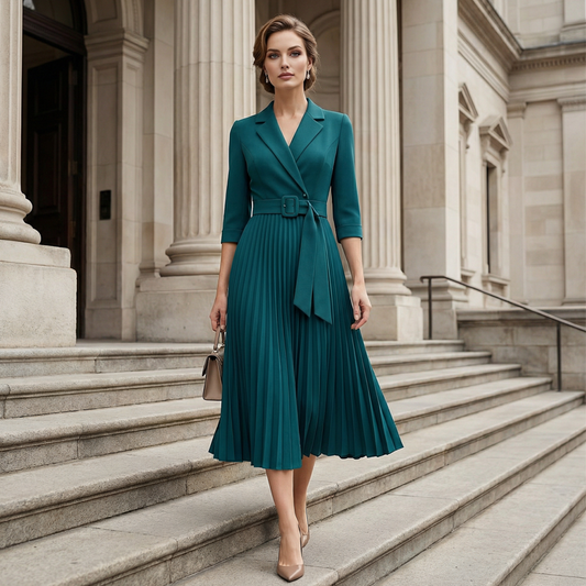 Robe élégante avec encolure en V, plis et ceinture