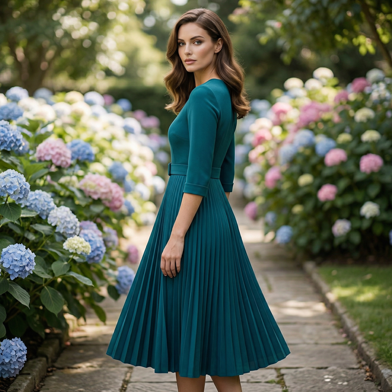 Robe élégante avec encolure en V, plis et ceinture