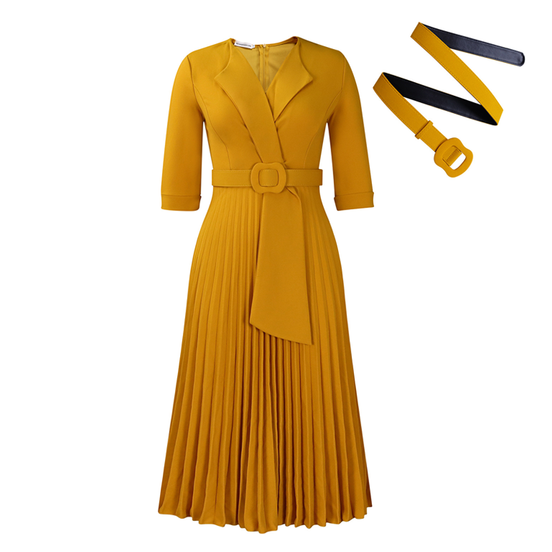 Robe élégante avec encolure en V, plis et ceinture