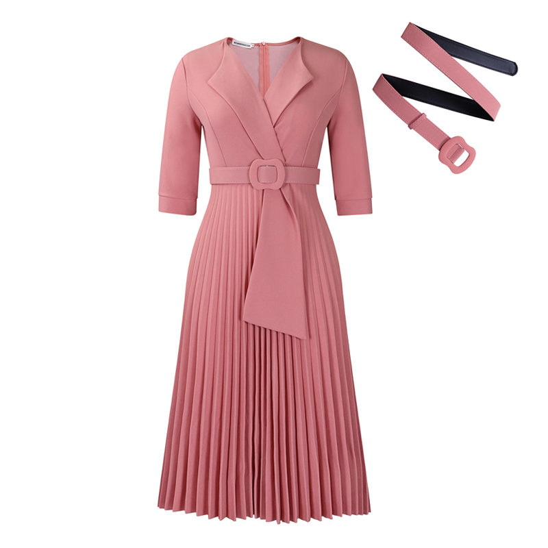 Robe élégante avec encolure en V, plis et ceinture