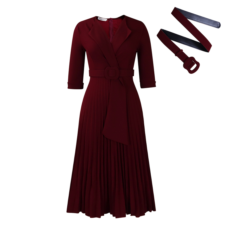 Robe élégante avec encolure en V, plis et ceinture