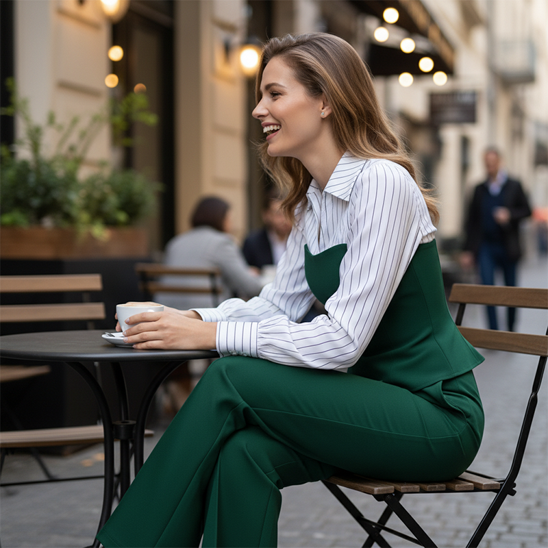 Ensemble femme élégant blouse rayée à col V et pantalon large
