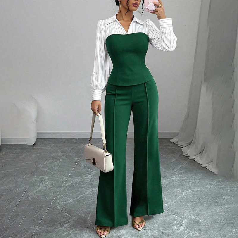 Ensemble femme élégant blouse rayée à col V et pantalon large