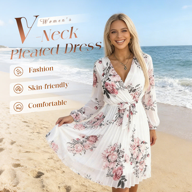 Robe femme à motif floral, encolure en V et plis