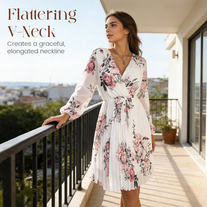 Robe femme à motif floral, encolure en V et plis