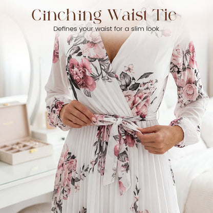 Robe femme à motif floral, encolure en V et plis