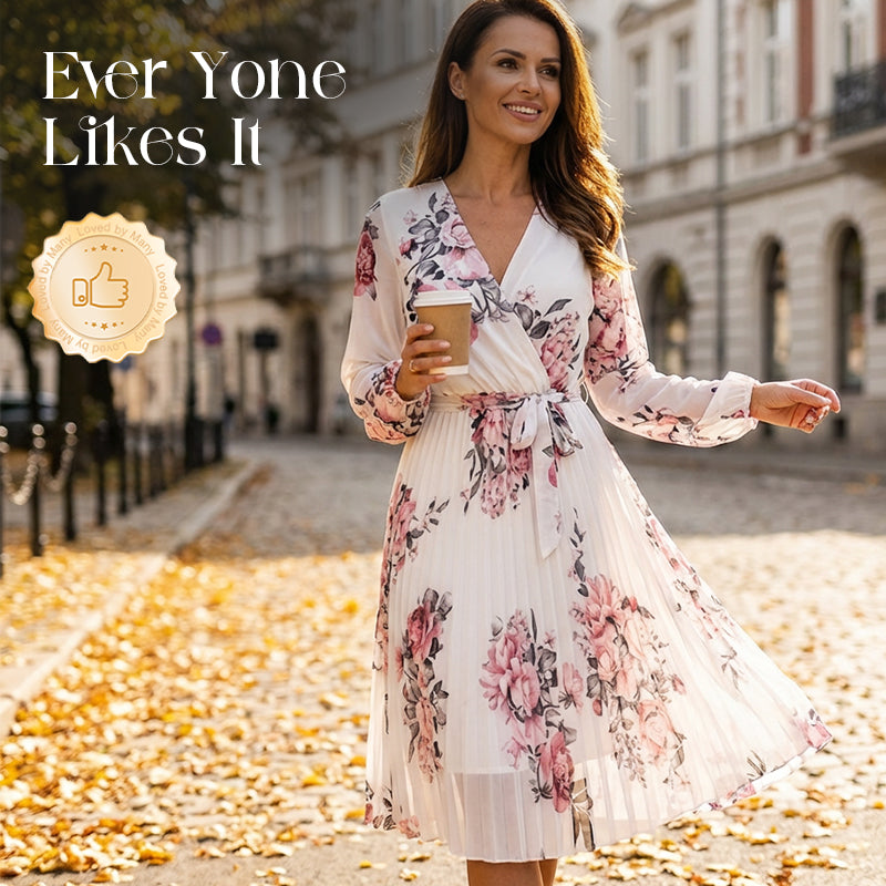 Robe femme à motif floral, encolure en V et plis
