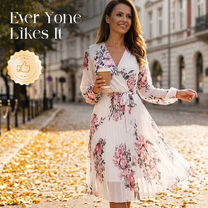 Robe femme à motif floral, encolure en V et plis