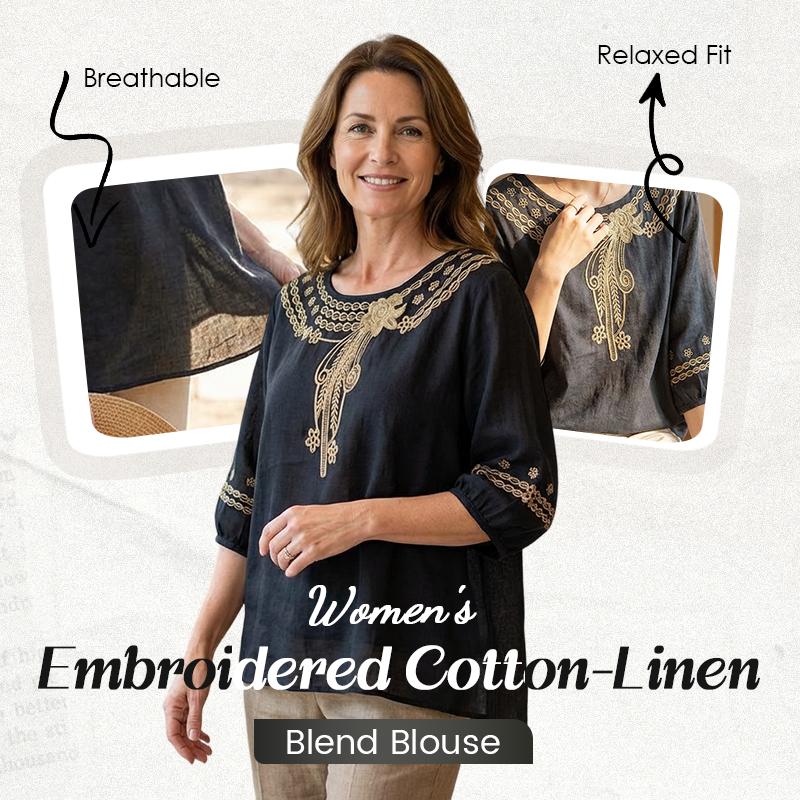 Blouse brodée pour femme en mélange coton et lin