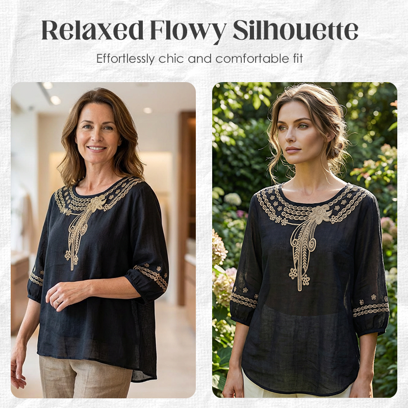 Blouse brodée pour femme en mélange coton et lin