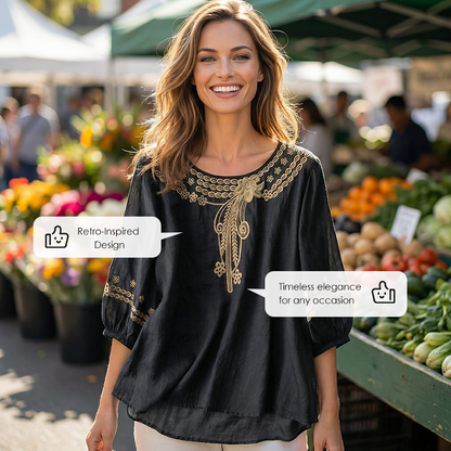 Blouse brodée pour femme en mélange coton et lin
