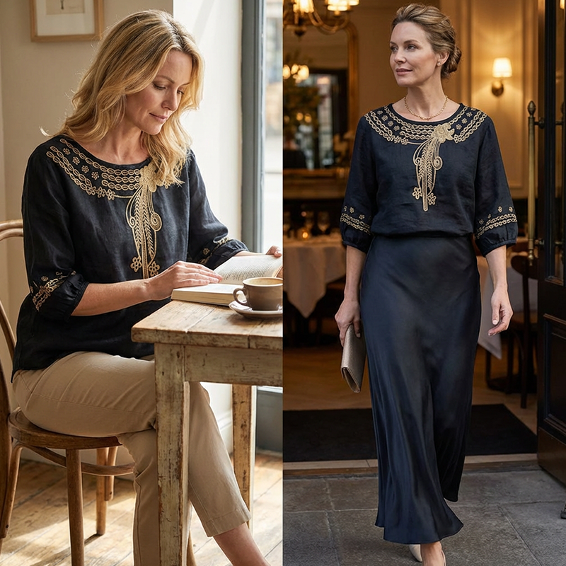 Blouse brodée pour femme en mélange coton et lin