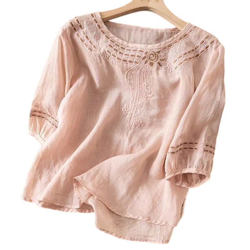 Blouse brodée pour femme en mélange coton et lin