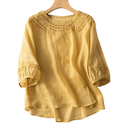Blouse brodée pour femme en mélange coton et lin