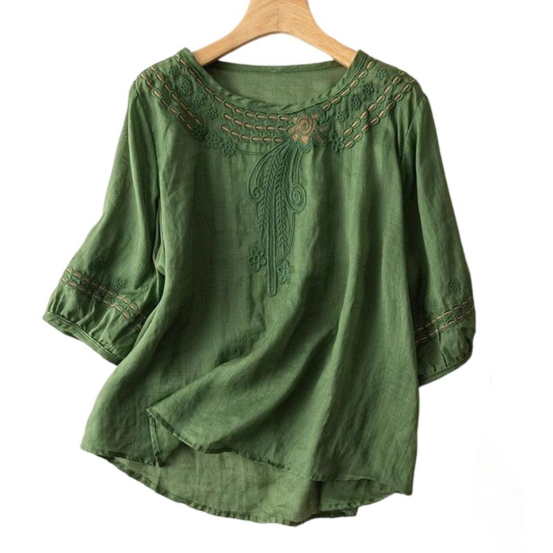 Blouse brodée pour femme en mélange coton et lin