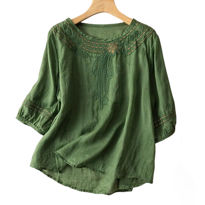 Blouse brodée pour femme en mélange coton et lin