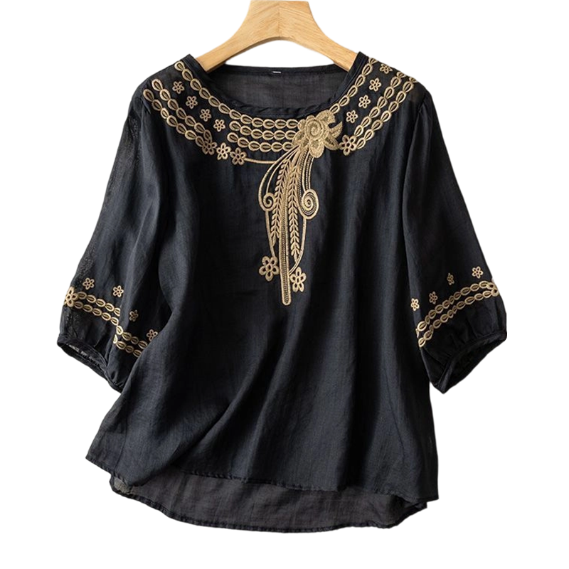 Blouse brodée pour femme en mélange coton et lin