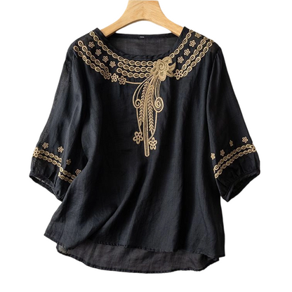 Blouse brodée pour femme en mélange coton et lin
