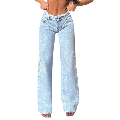 Jean taille haute à jambes larges avec ourlet effiloché