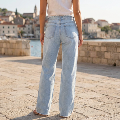 Jean taille haute à jambes larges avec ourlet effiloché
