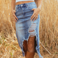 💎 -50% ! 💎 Jupe midi en jean déchiré taille haute pour femme – Ourlet asymétrique, détails déstructurés & coupe flatteuse 👖✨