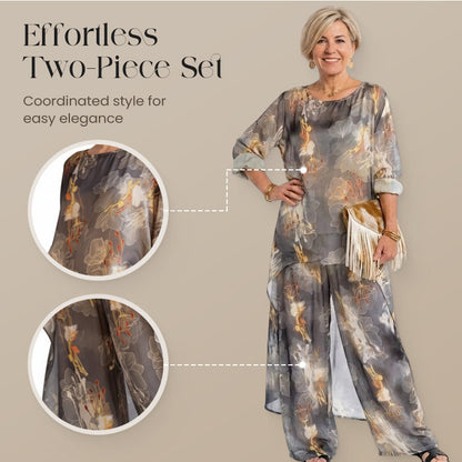 Ensemble tunique asymétrique et pantalon à imprimé floral pour femme