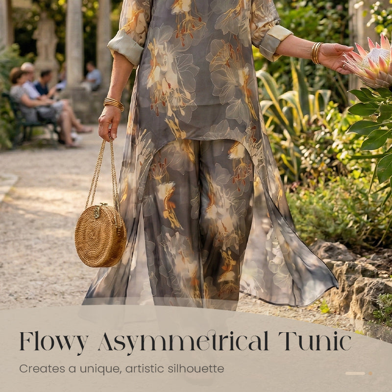 Ensemble tunique asymétrique et pantalon à imprimé floral pour femme