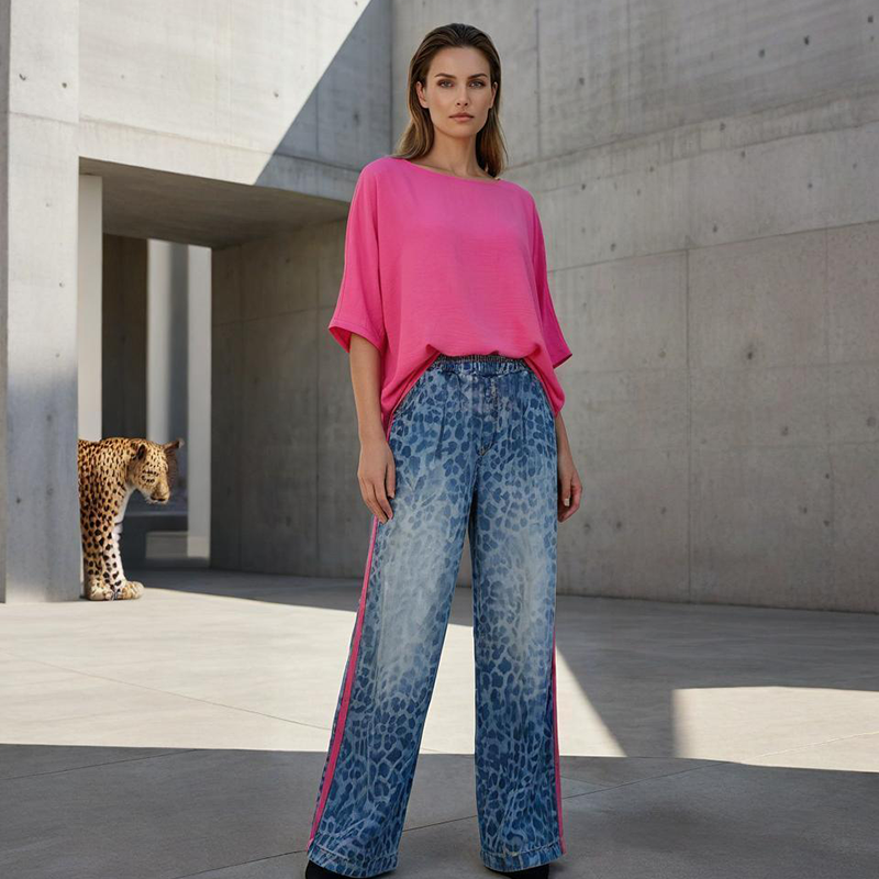 💖 Ensemble 2-pièces pour femme – Haut rose vif & Pantalon léopard – Coupe décontractée, Confortable & Respirant – Pour les loisirs et les sorties, du S au 5XL