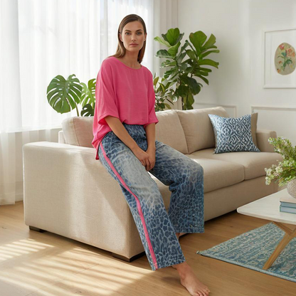 💖 Ensemble 2-pièces pour femme – Haut rose vif & Pantalon léopard – Coupe décontractée, Confortable & Respirant – Pour les loisirs et les sorties, du S au 5XL