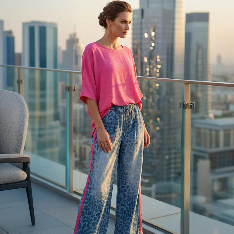 💖 Ensemble 2-pièces pour femme – Haut rose vif & Pantalon léopard – Coupe décontractée, Confortable & Respirant – Pour les loisirs et les sorties, du S au 5XL