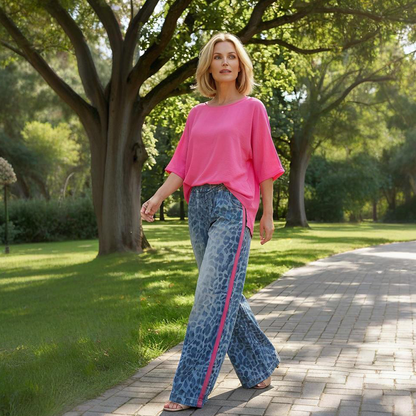 💖 Ensemble 2-pièces pour femme – Haut rose vif & Pantalon léopard – Coupe décontractée, Confortable & Respirant – Pour les loisirs et les sorties, du S au 5XL