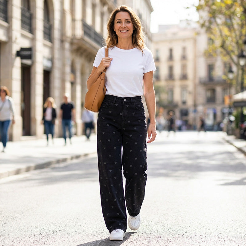 Pantalon large taille haute imprimé cœur