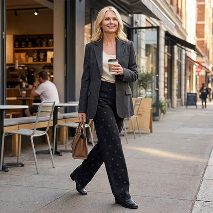 Pantalon large taille haute imprimé cœur