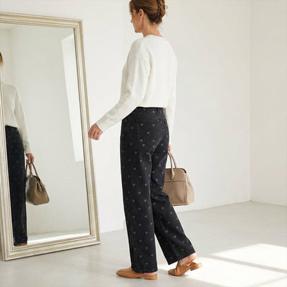Pantalon large taille haute imprimé cœur