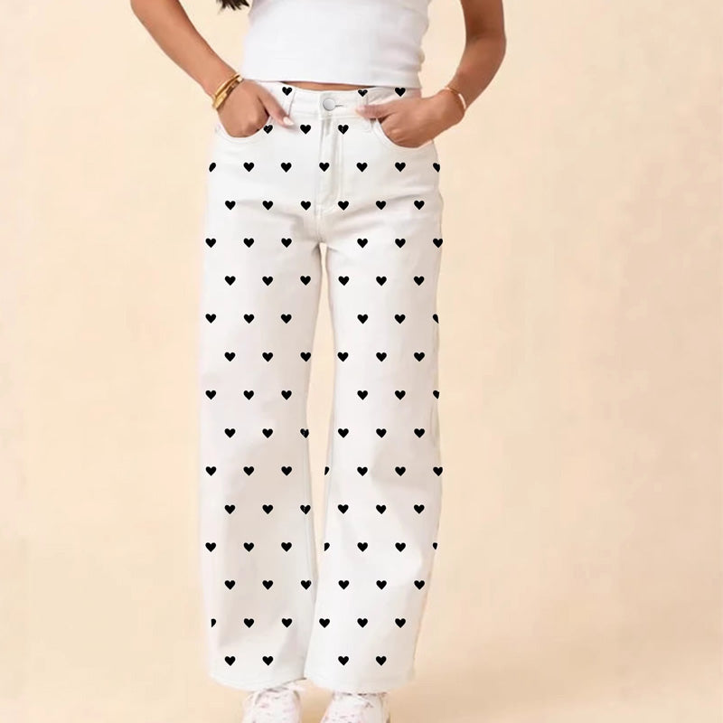 Pantalon large taille haute imprimé cœur