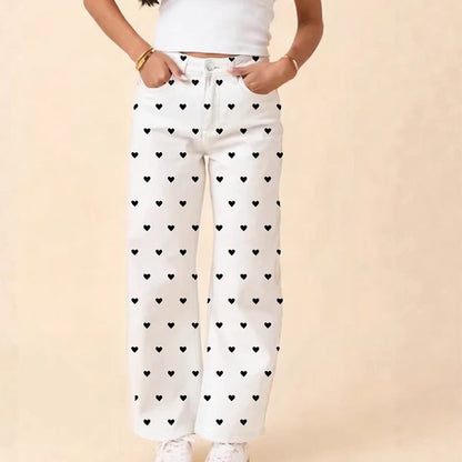 Pantalon large taille haute imprimé cœur