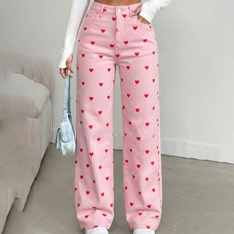 Pantalon large taille haute imprimé cœur