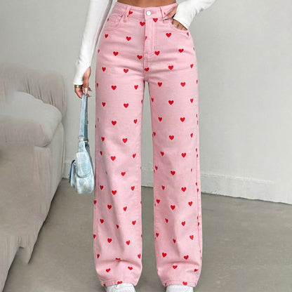 Pantalon large taille haute imprimé cœur